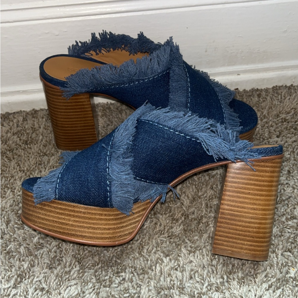 Anthropologie See by Chloe Denim Platform Mule Slide Sandal Frayed 38 NEW - Picture 5 of 8
